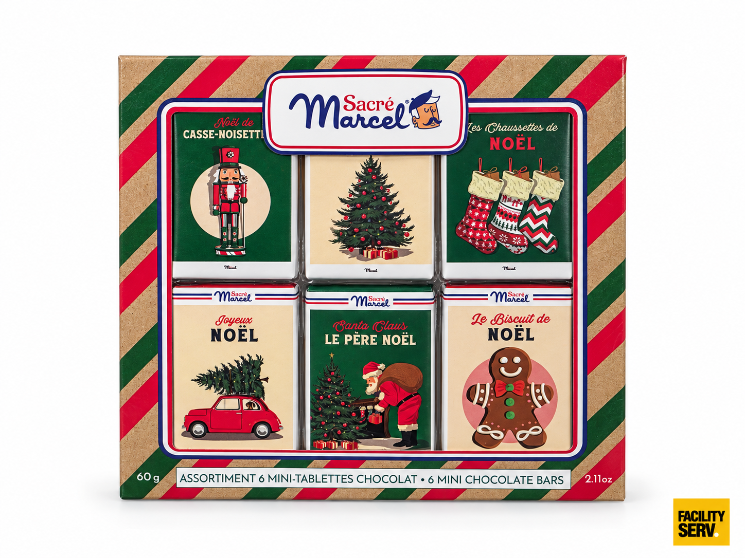 Assortiment de 6 mini-tablettes de chocolat de Noël – Sacré Marcel – 60 g