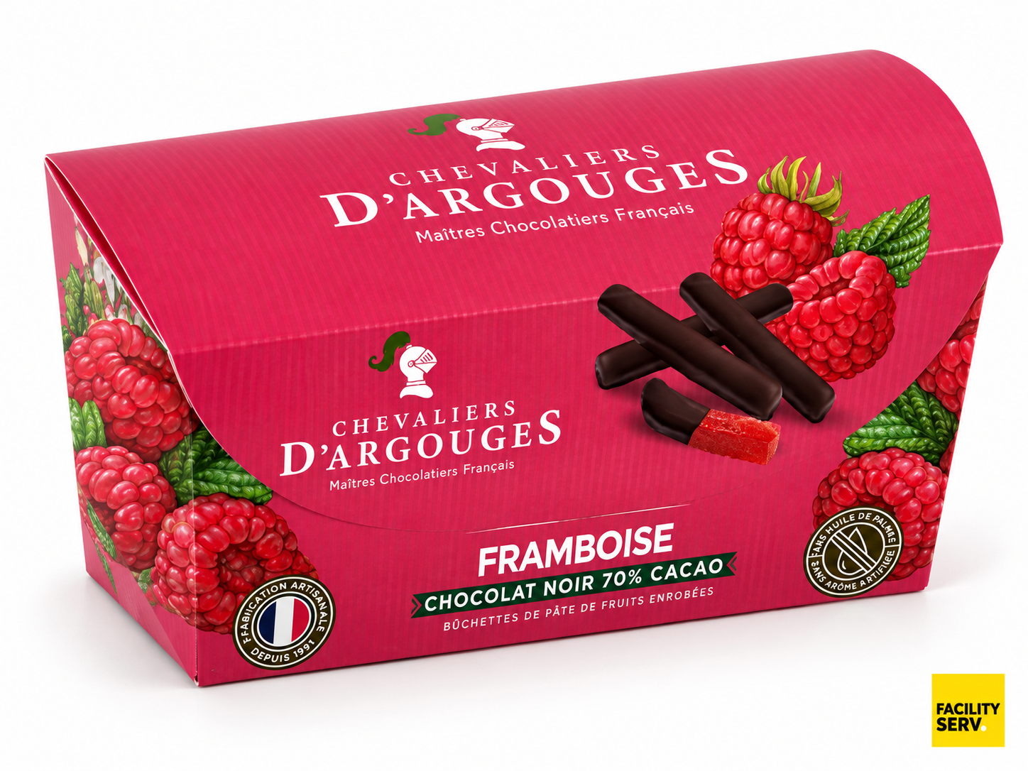 Ballotin Bûchettes de pâte de fruits à la framboise enrobées de chocolat noir 70 % — Chevaliers d’Argouges — 150 g