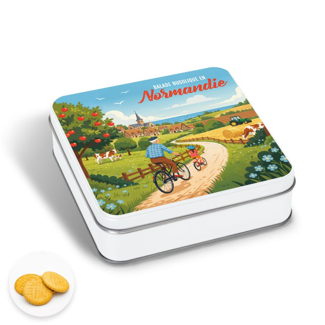 Boîte carrée impression polaroid Normandie et sa carte postale sablés normands 150g