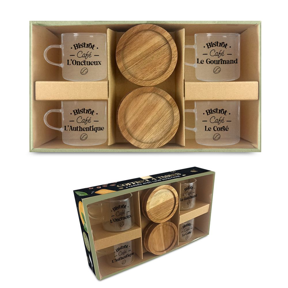 Coffret 4 Tasses à Café en Verre avec Sous-Tasses en Bois
