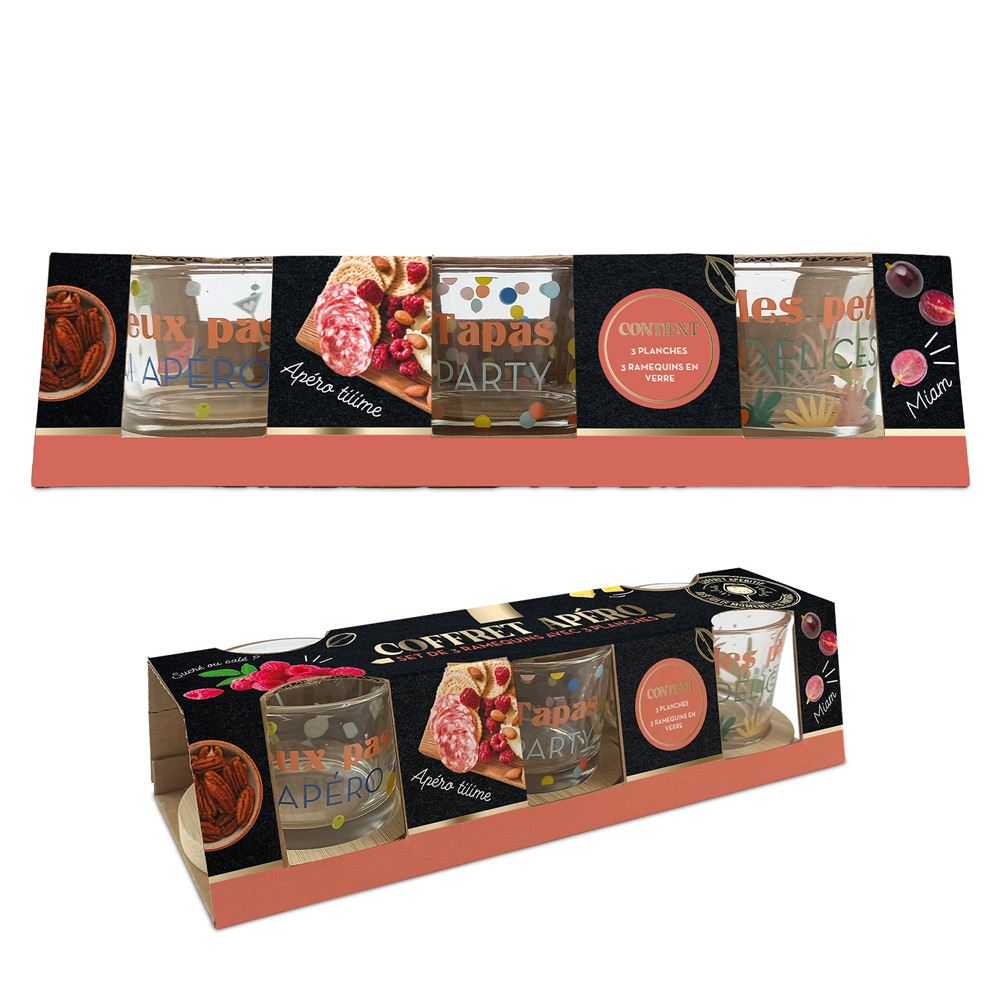 Coffret Apéro – 3 Ramequins avec 3 Planches en Bambou