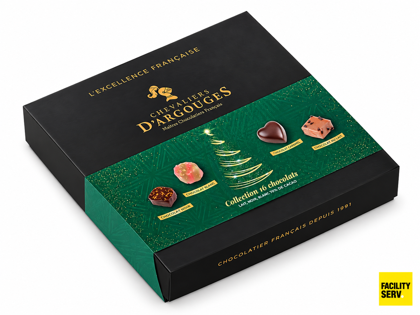 Coffret Collection Assortiment de noel 16 chocolats au lait et noirs — Chevaliers d’Argouges — 155 g
