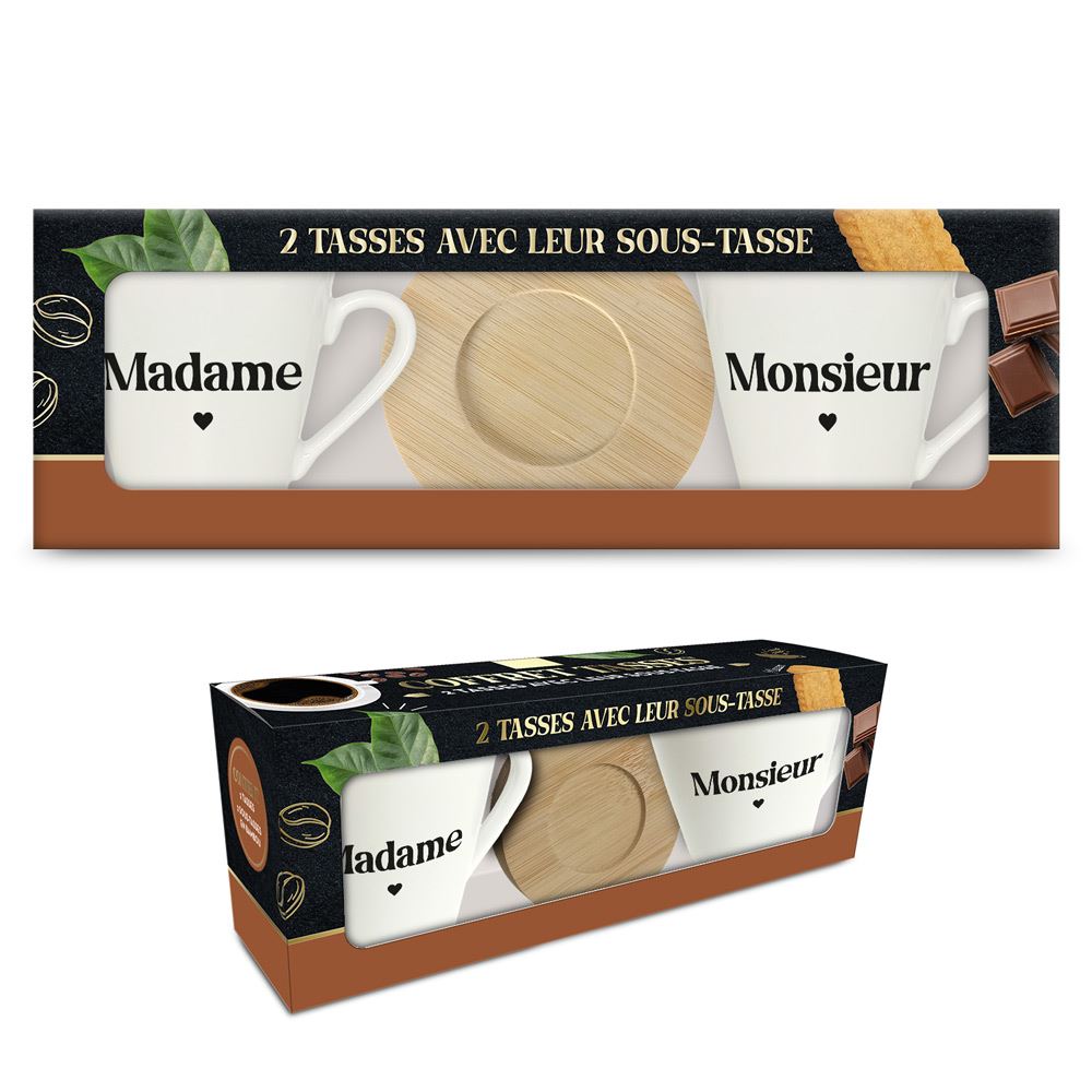 Coffret Duo Tasses à Café « Madame & Monsieur » avec Sous-Tasses en Bois