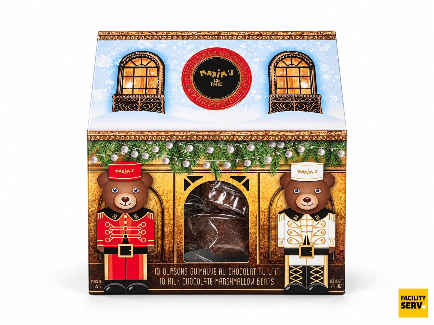Coffret maison de Noël – 10 oursons guimauve au chocolat au lait – Maxim’s de Paris – 85 g