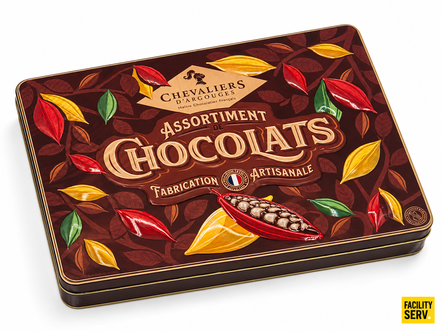 Coffret Métal— Assortiment de chocolats au lait, noirs et blancs — Chevaliers d’Argouges — 290 g — Décor cabosses colorées