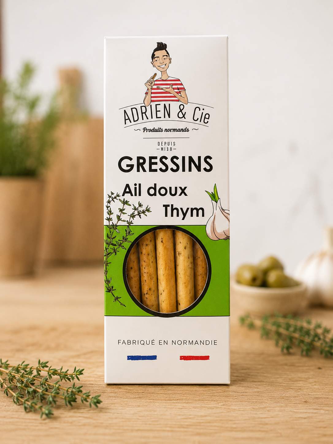 Gressins Ail doux & Thym – 95 g – Adrien & Cie