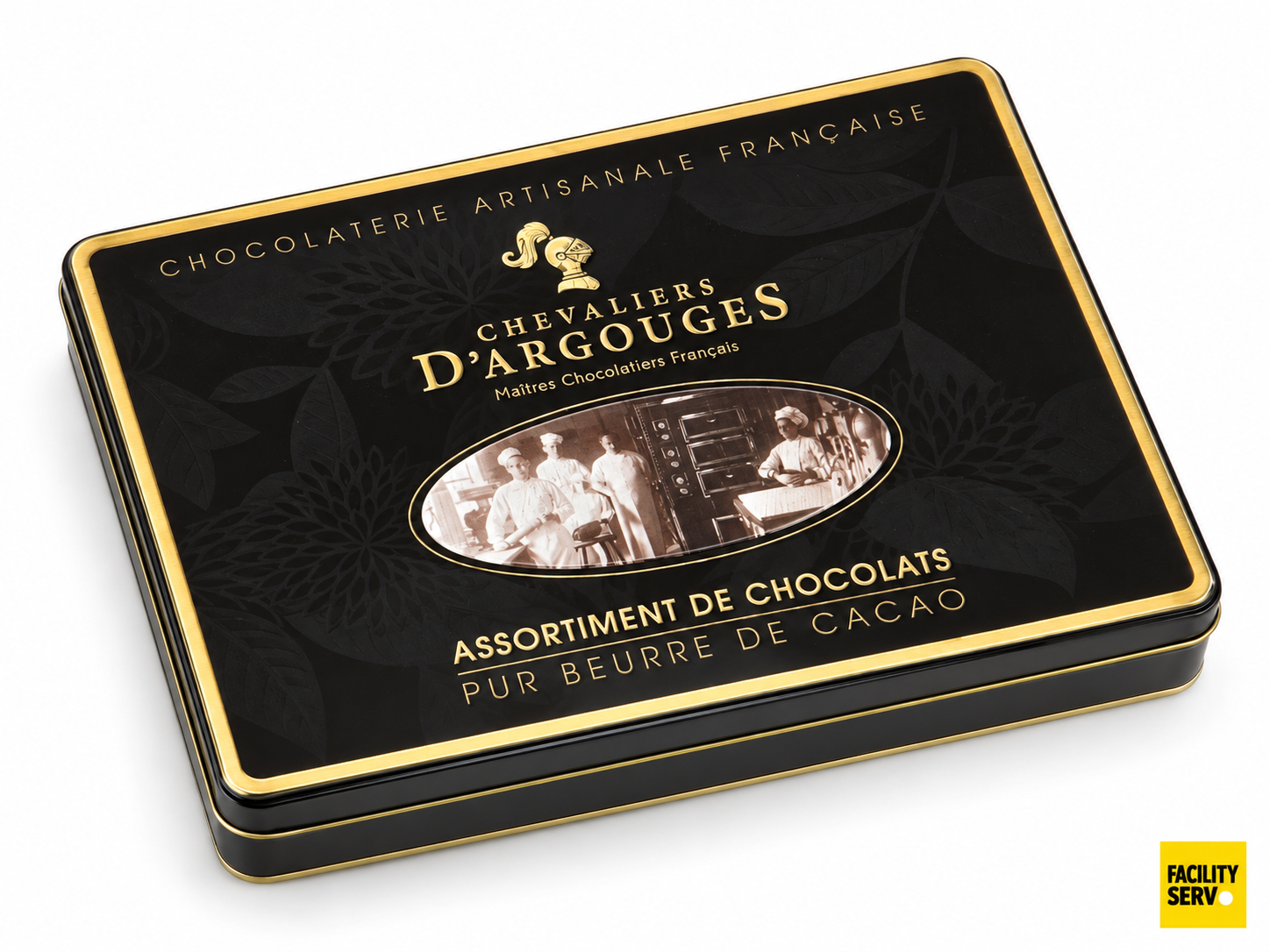 Coffret Métal — Assortiment de chocolats au lait, noirs et blancs — Chevaliers d’Argouges — 300 g — Décor floral noir et doré