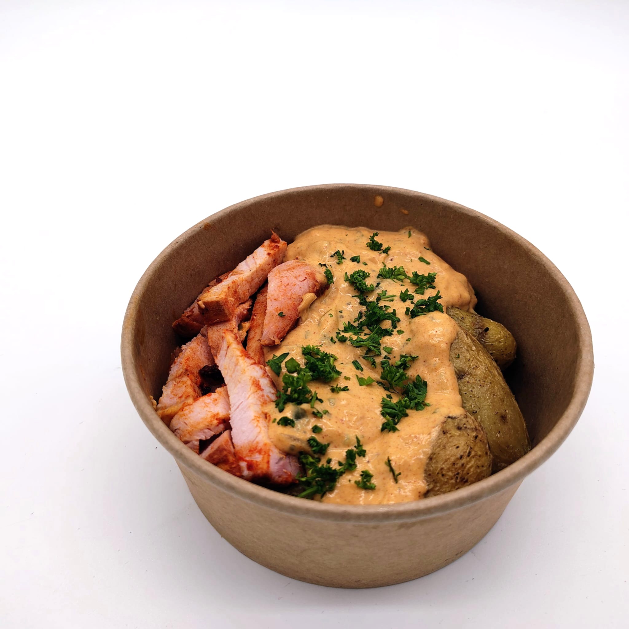 Lomo de porc piment doux, crème paprika & grenaille de Guérande