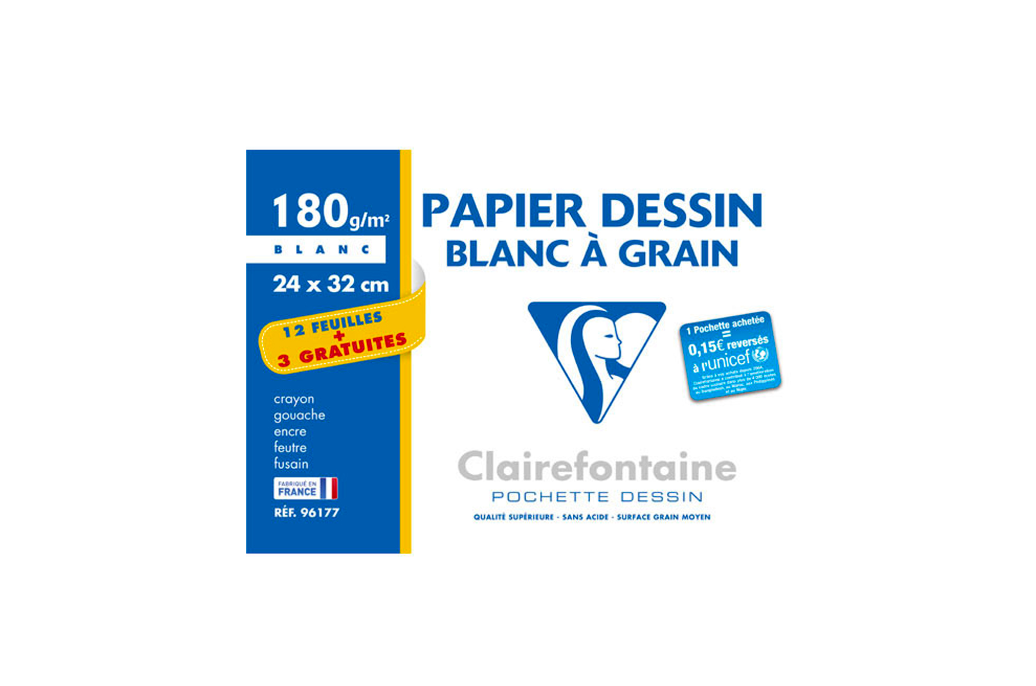 🎨 Pochette de papier à dessin blanc 12 + 3 feuilles – 24 × 32 cm – 180 g/m² – Clairefontaine