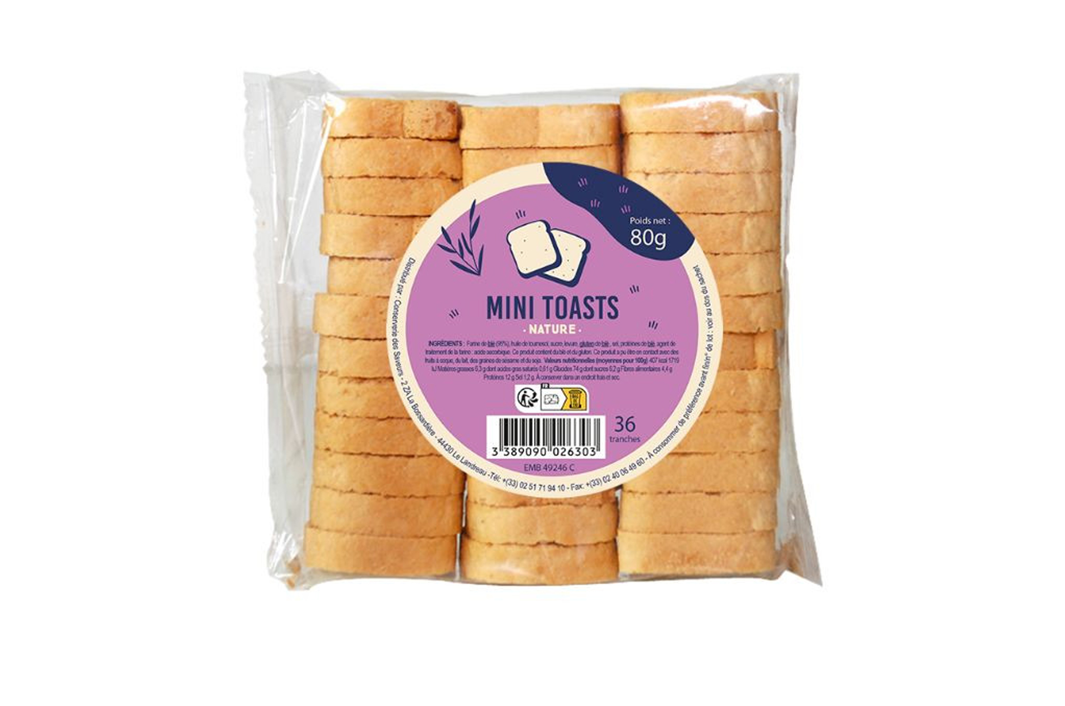 Sachet 36 mini toasts grillés au froment – 80g