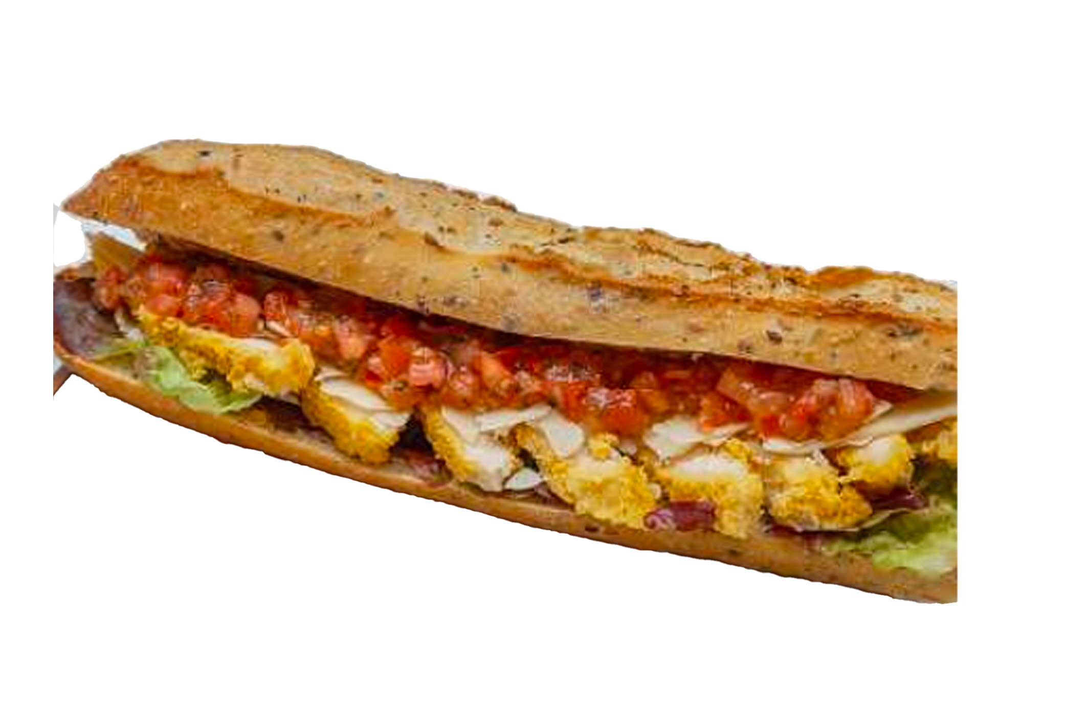 SANDWICH GREGOIRE - baguette céréales, sauce césar, salade, poulet pané, tartare de tomate, parmesan